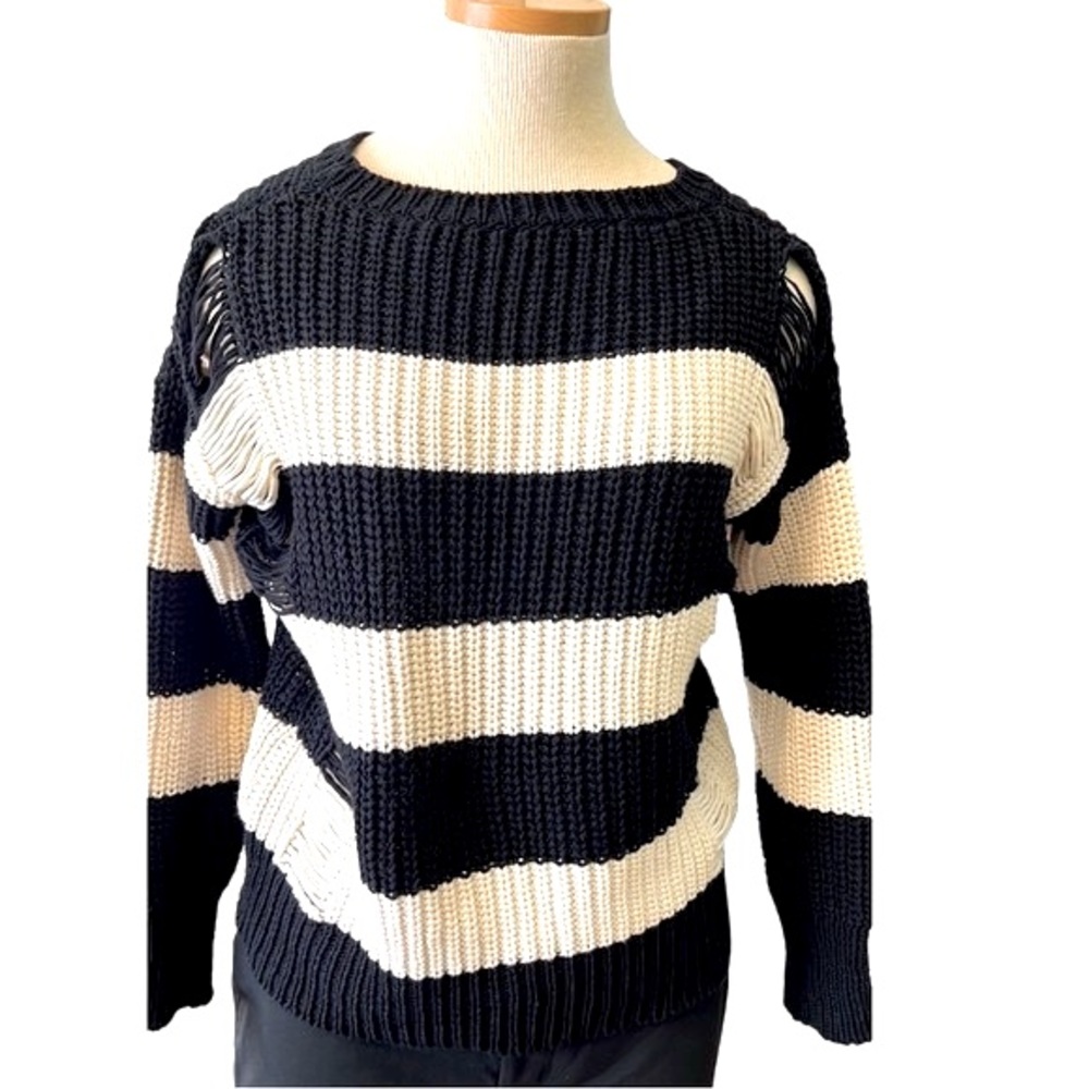 Sandro Stripe Distressed Knit Sweater, Black & Cream, size EU 2/Med, US 4-6 - Picture 1 of 16